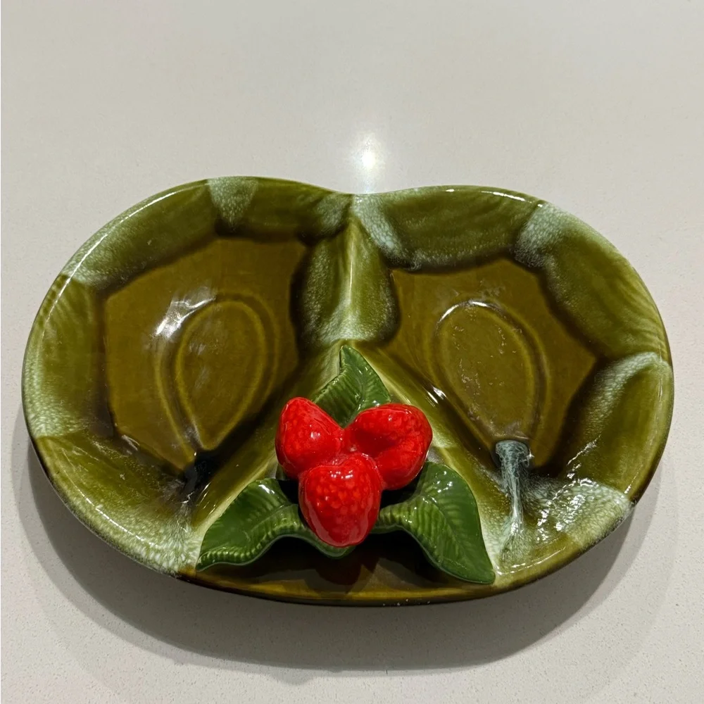 Vintage California‎ Pottery Green Divided Strawberry Serving Dish #892